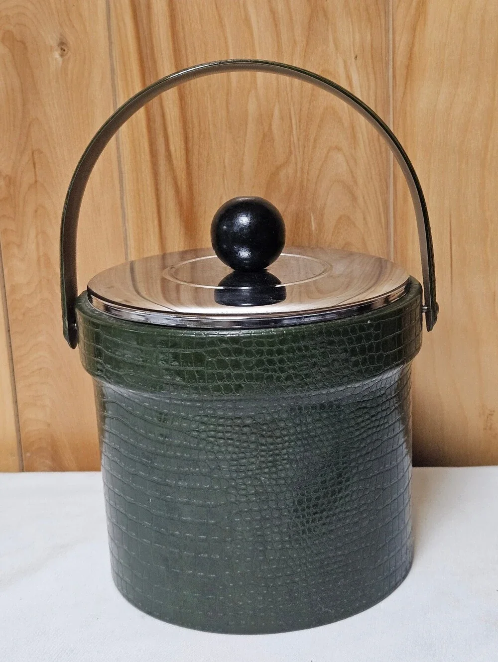 Atapco Ice Bucket 1960s Embossed Green Faux Alligator W/ Stainless Lid Wood Knob